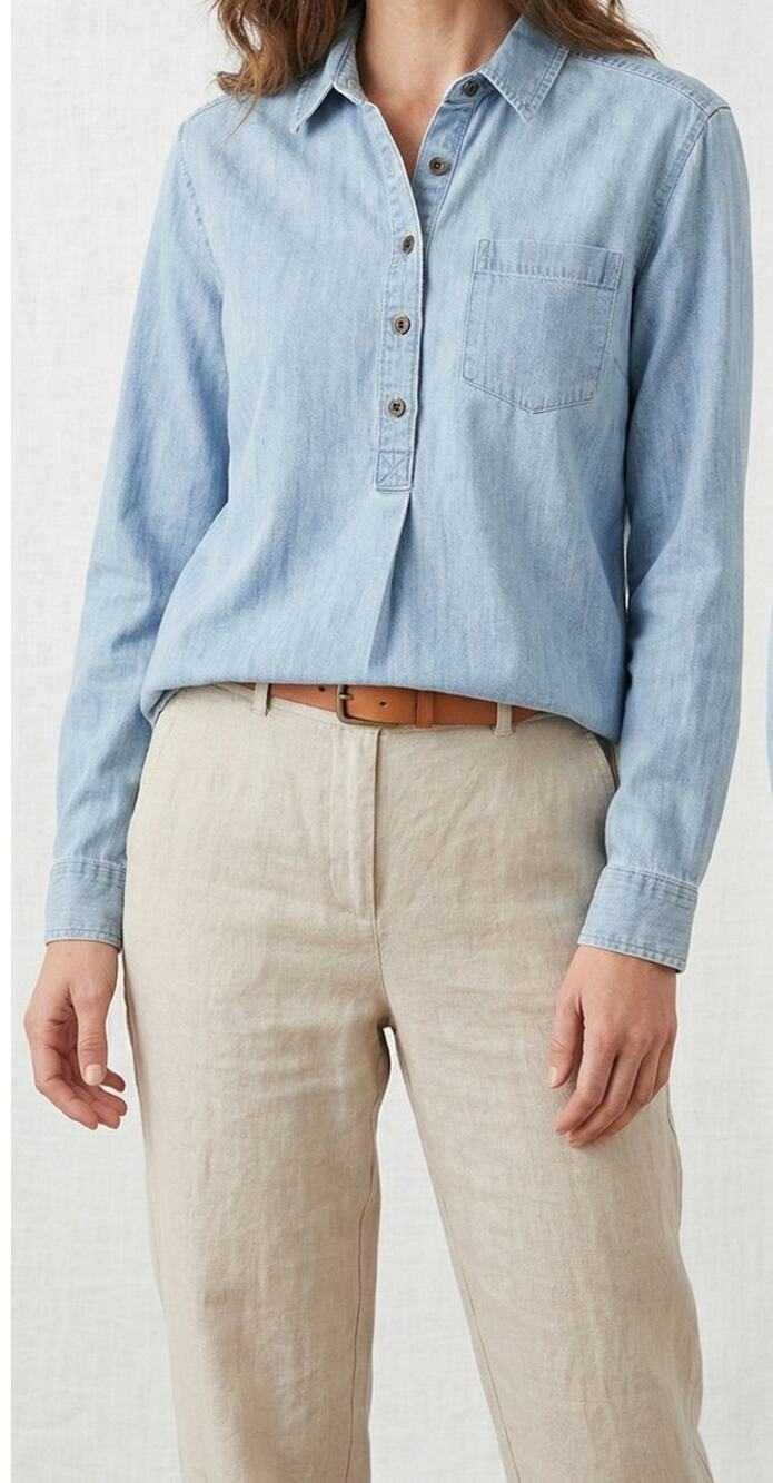 Style & Co. 1/2 Button Blue Denim Chambray Womens Collared Shirt Small
